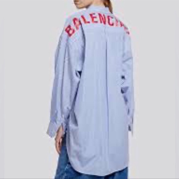 Balenciaga Blue and White Tie Front Oversized Logo Shirt - Picture 2 of 8
